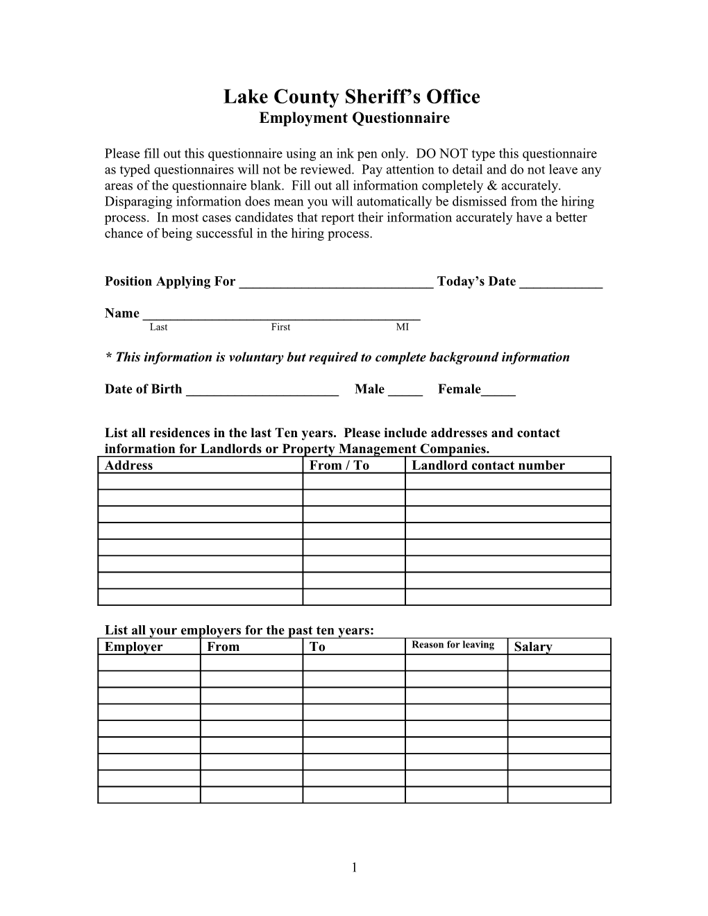 Lake County Sheriff S Office Employment Questionnaire