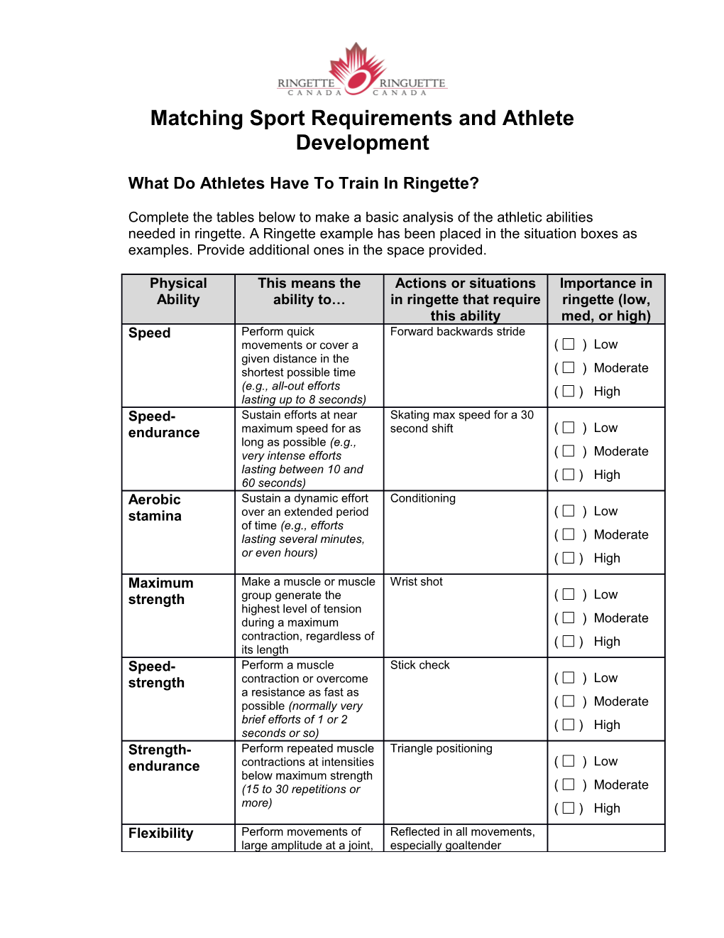 Matching Sport Requirements and Athlete Development