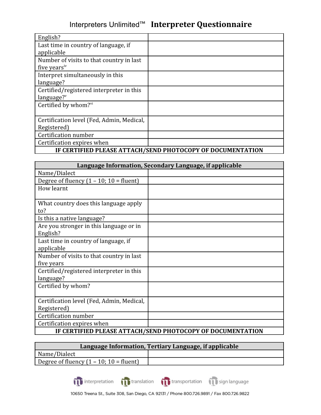 Interpreters Unlimited Interpreter Questionnaire