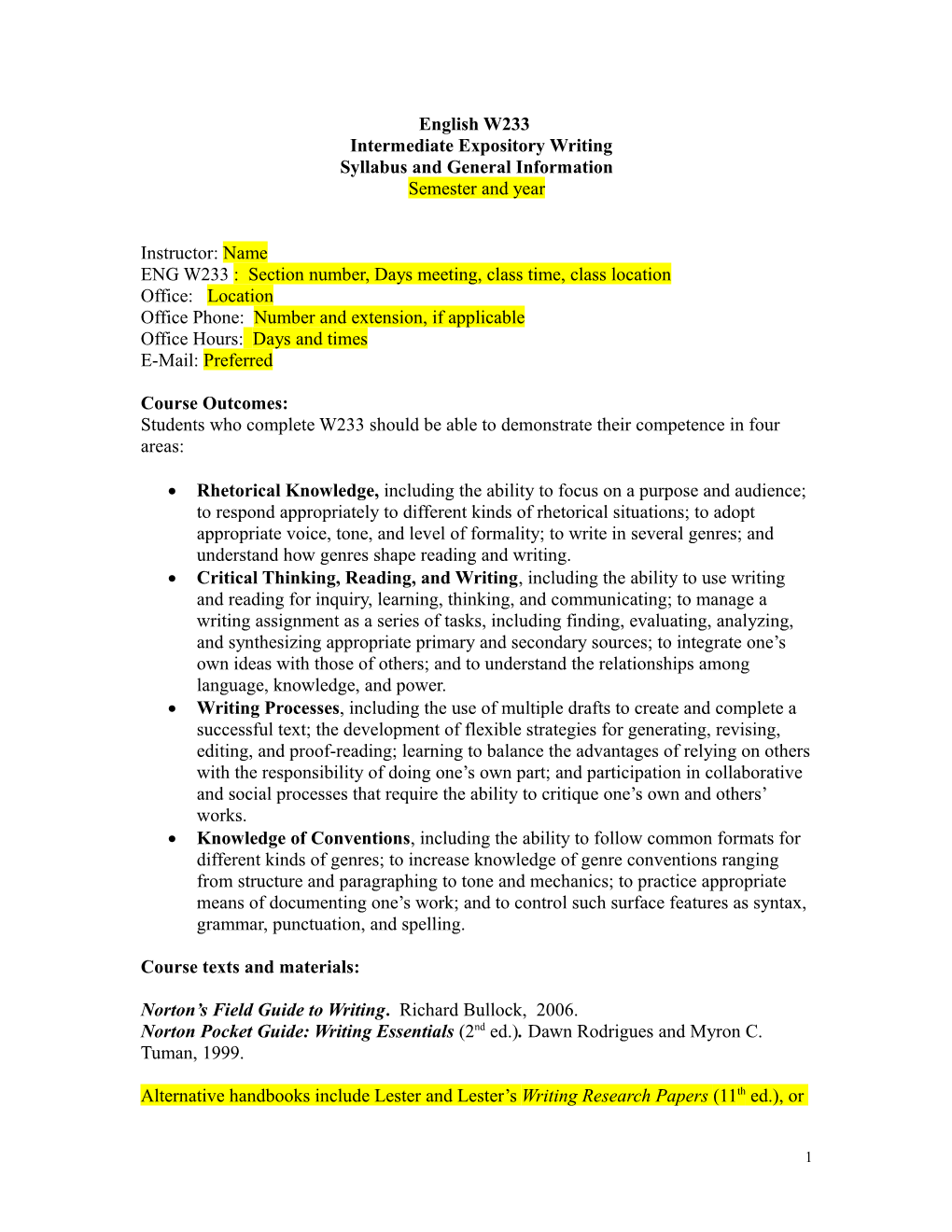 English W 233 Intermediate Expository Writing