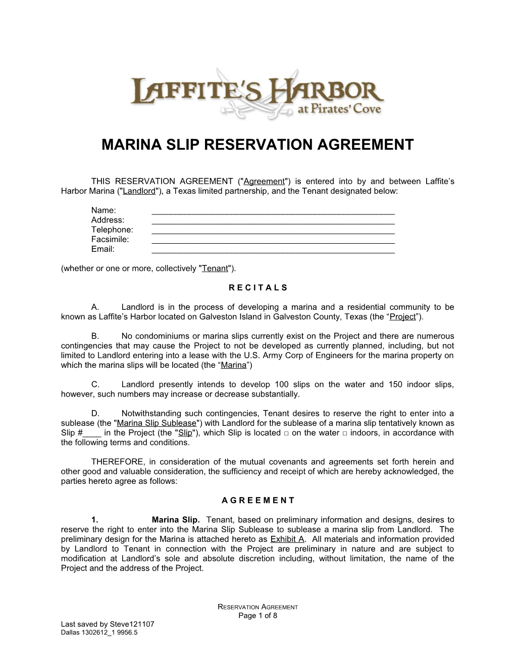 MARINA SLIP Reservation Agreement