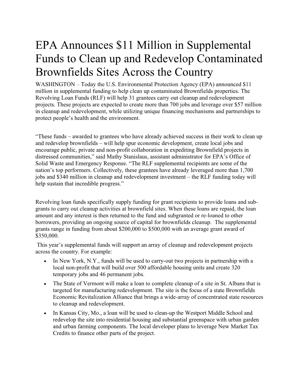EPA Announces $11 Million in Supplemental Funds to Clean up and Redevelop Contaminated
