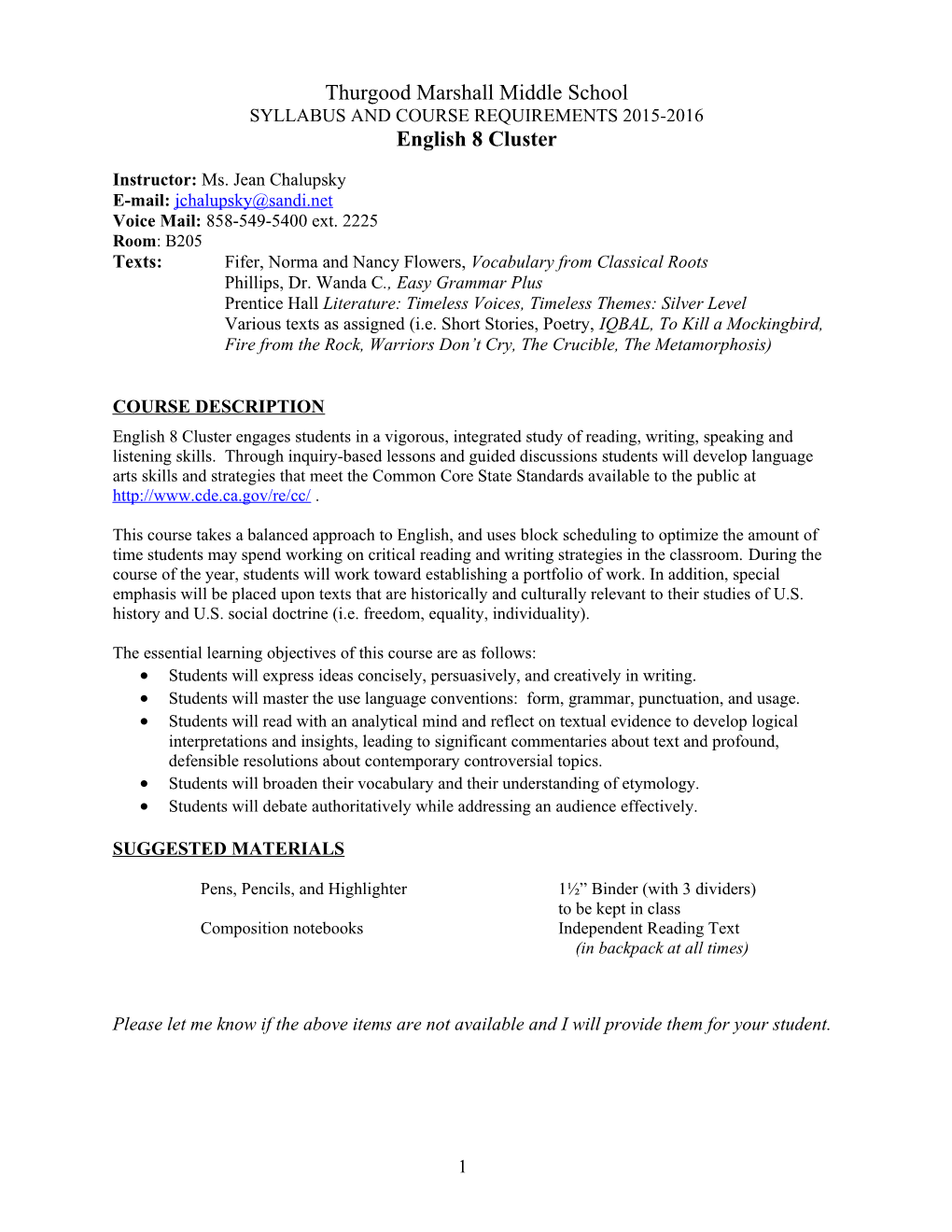 Syllabus and Course Requirements 2015-2016