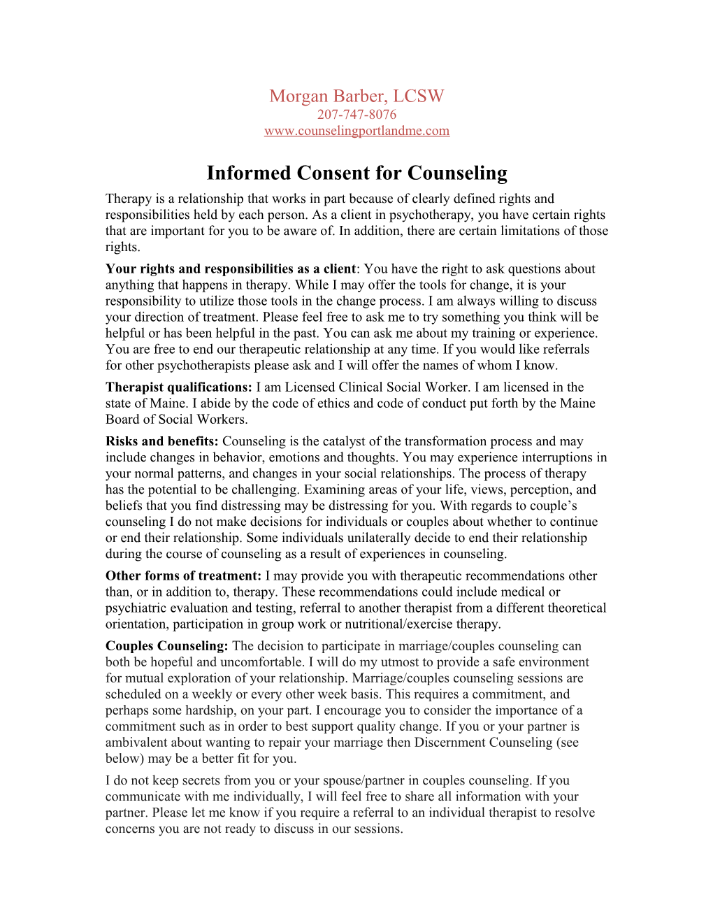 Informed Consent for Counseling