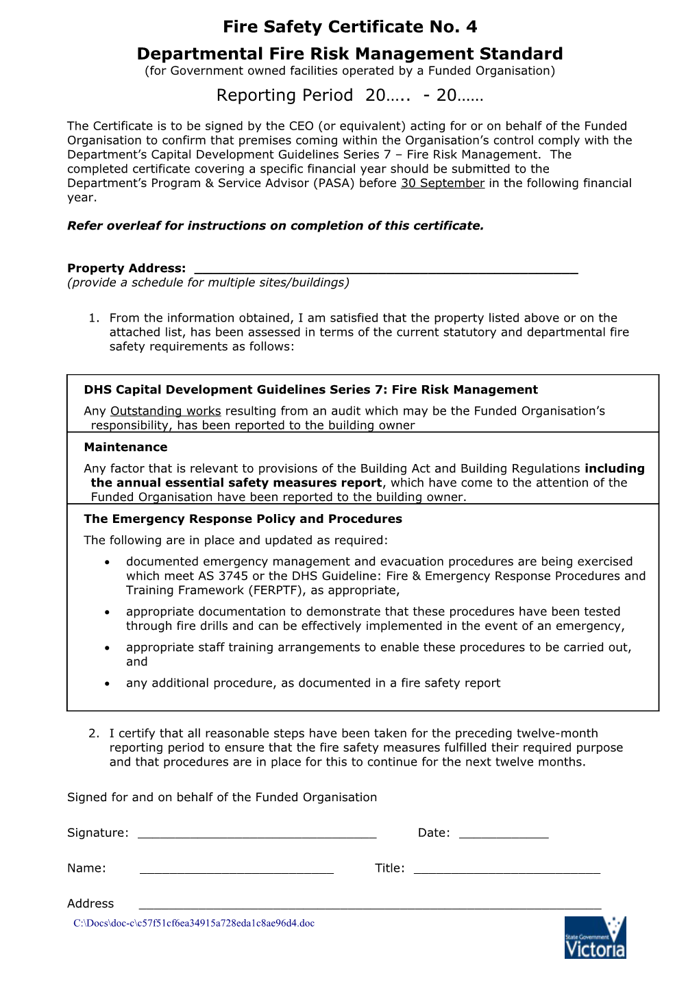 Fire Safety Certificate No 4