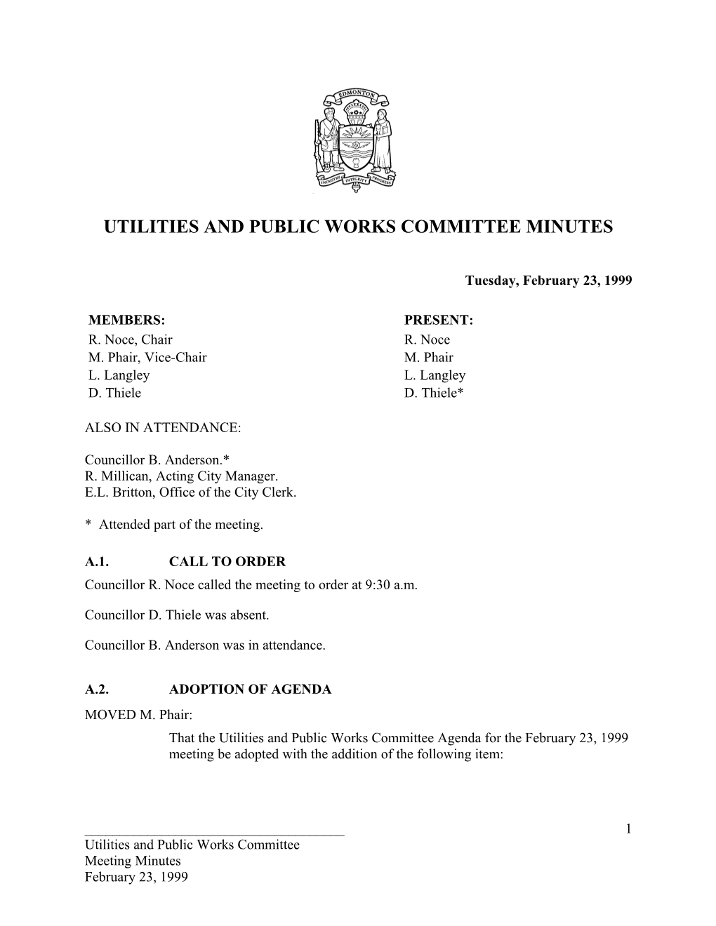 Minutes for Utilities and Public Works Committee February 23, 1999 Meeting