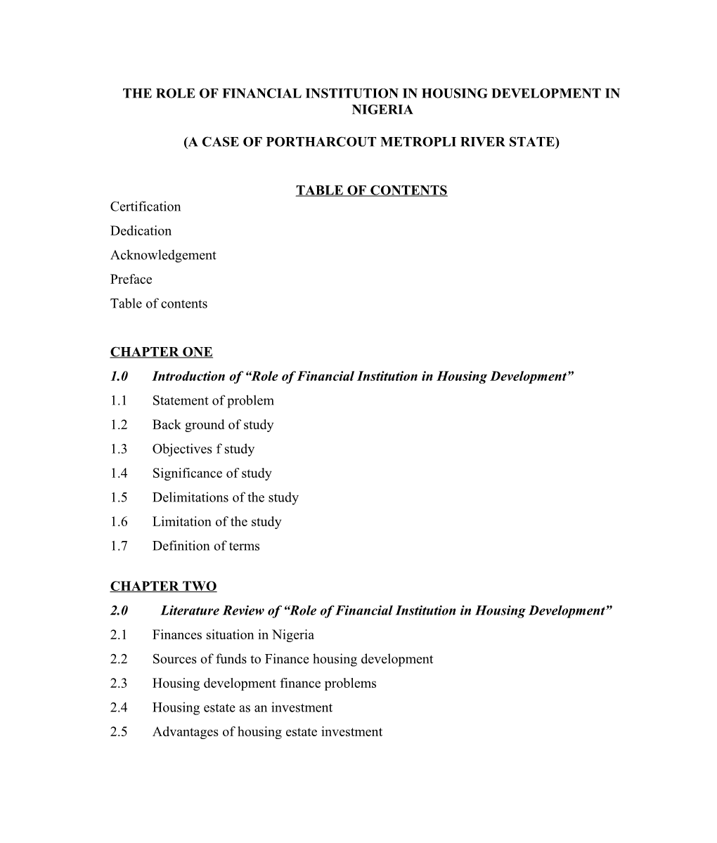 The Role of Financial Institution in Housing Development in Nigeria