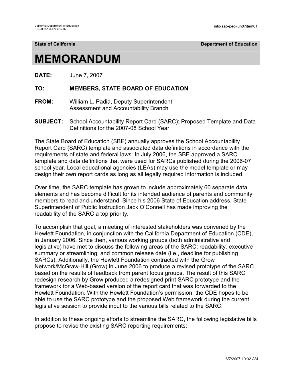 June 2007 Agenda Item 03 - Information Memorandum (CA State Board of Education)