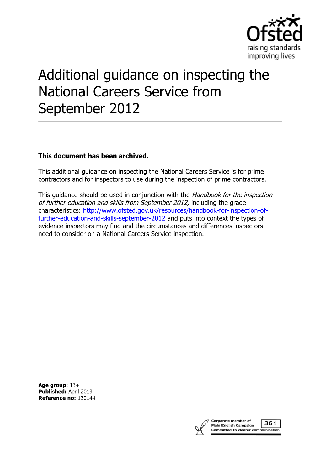 Additional Guidance on Inspecting the National Careers Service from September 2012