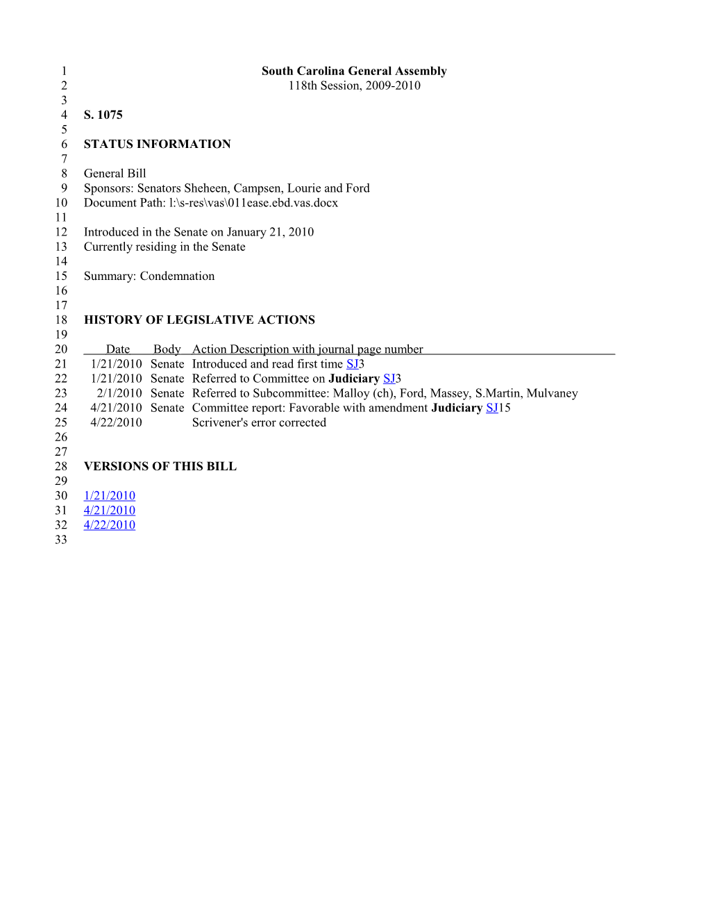 2009-2010 Bill 1075: Condemnation - South Carolina Legislature Online