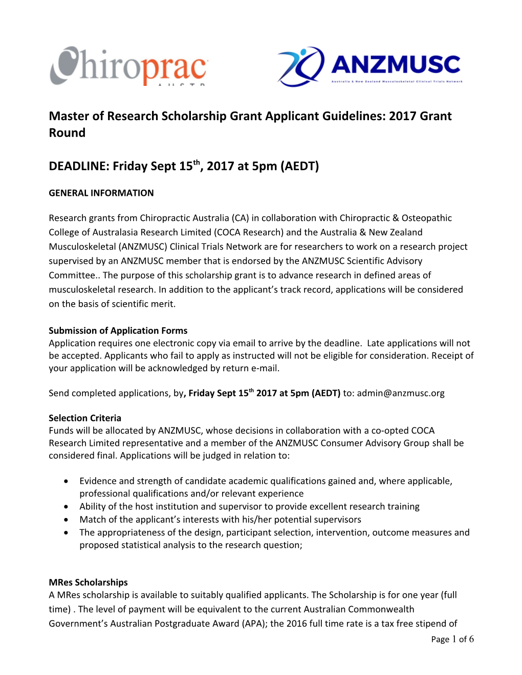 Master of Research Scholarship Grant Applicant Guidelines: 2017 Grant Round