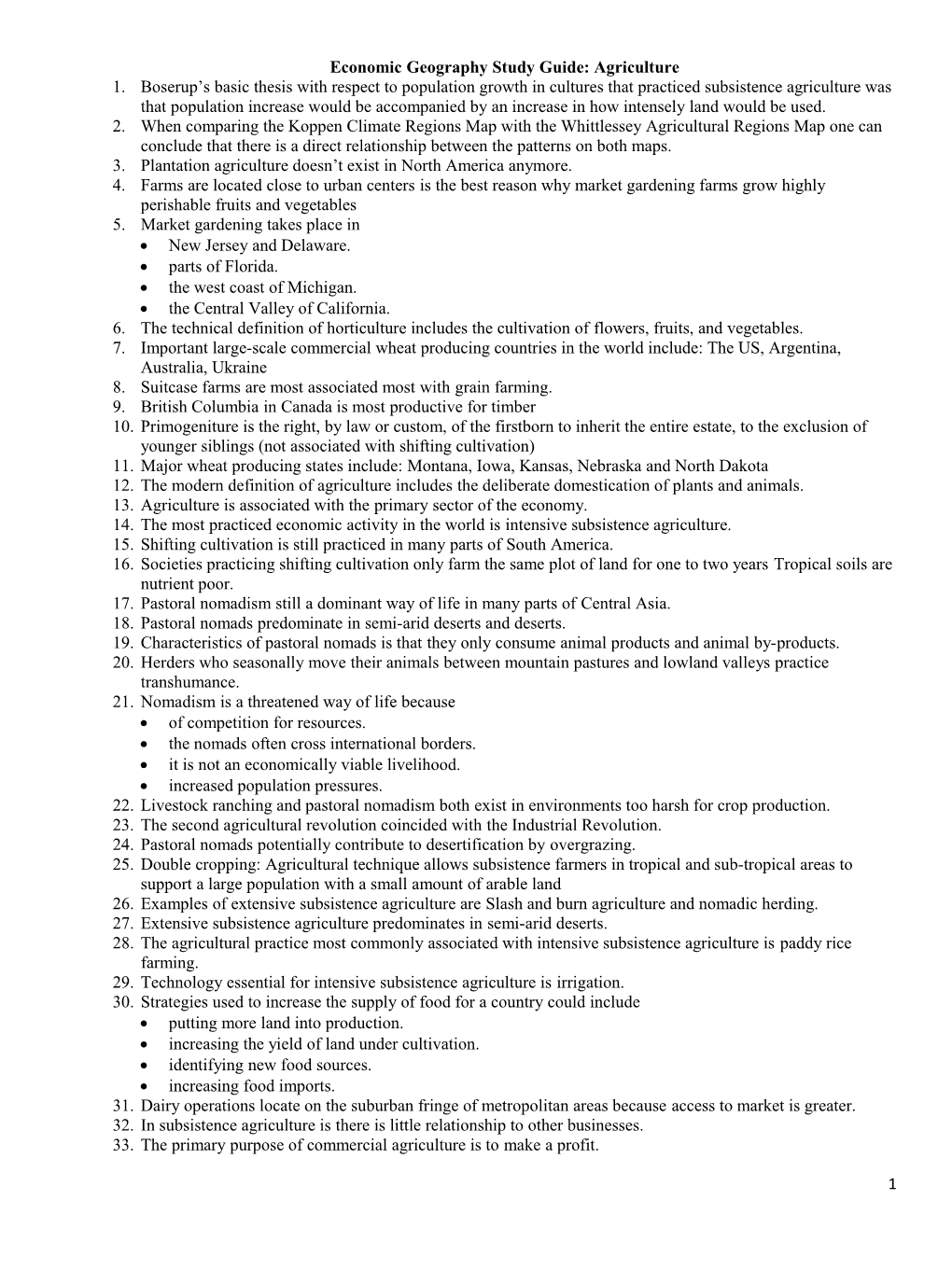 Economic Geography Study Guide: Agriculture