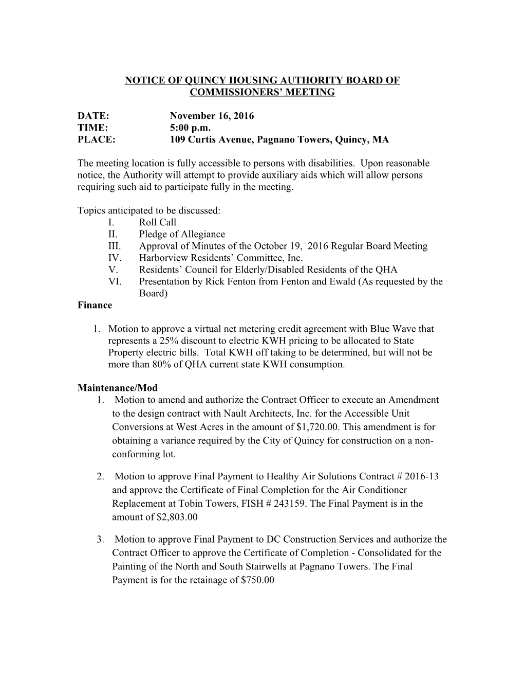 Notice of Quincy Housing Authority Board Of
