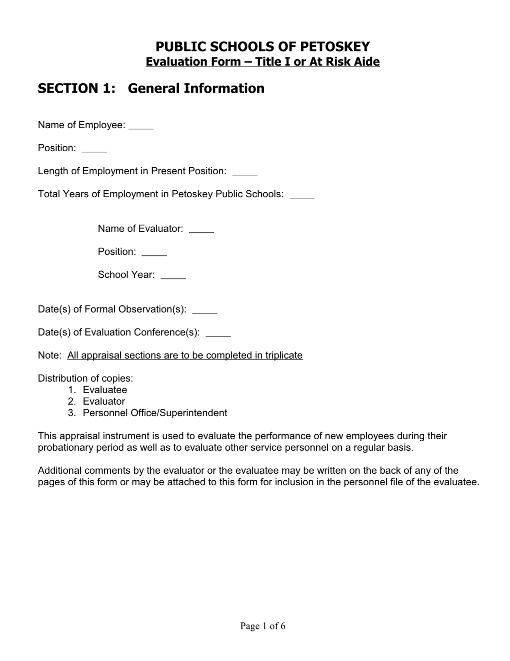 Evaluation Form Title I Or at Risk Aide