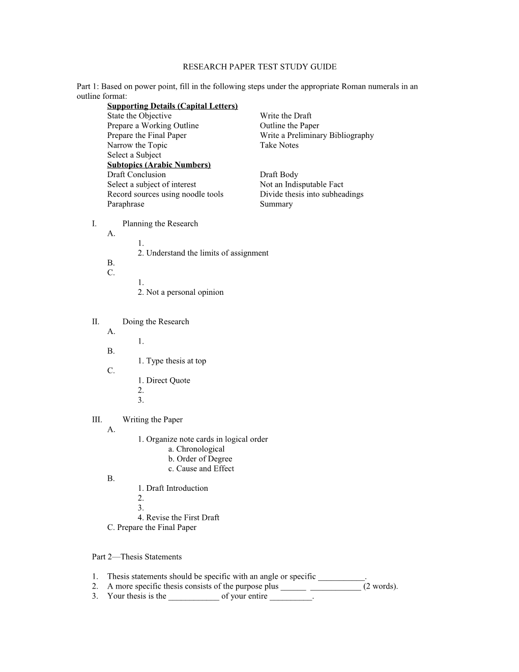 Research Paper Test Study Guide