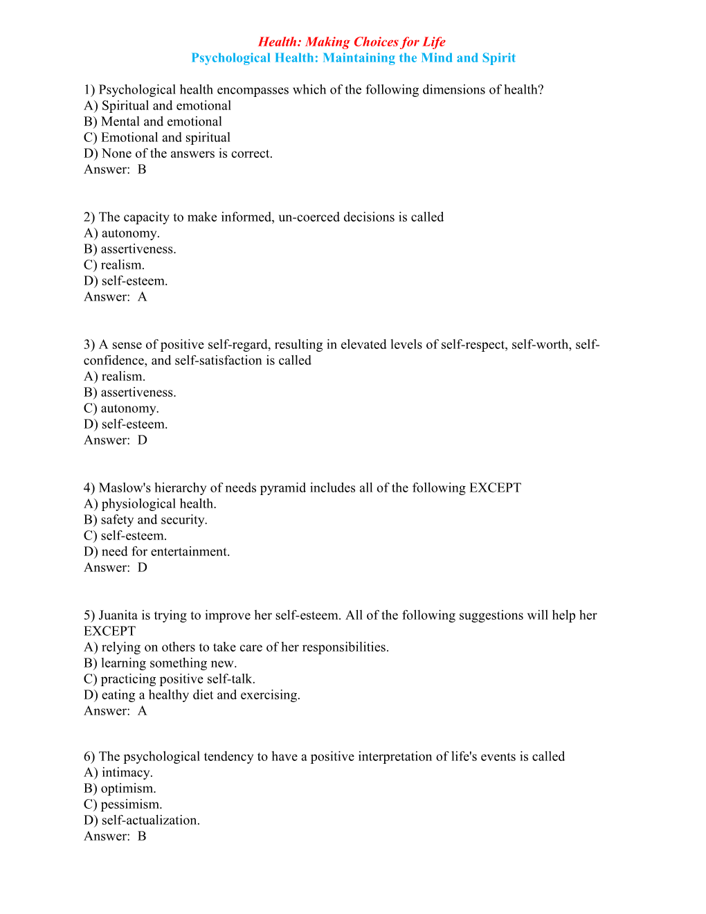 Psychological Health: Maintaining the Mind and Spirit