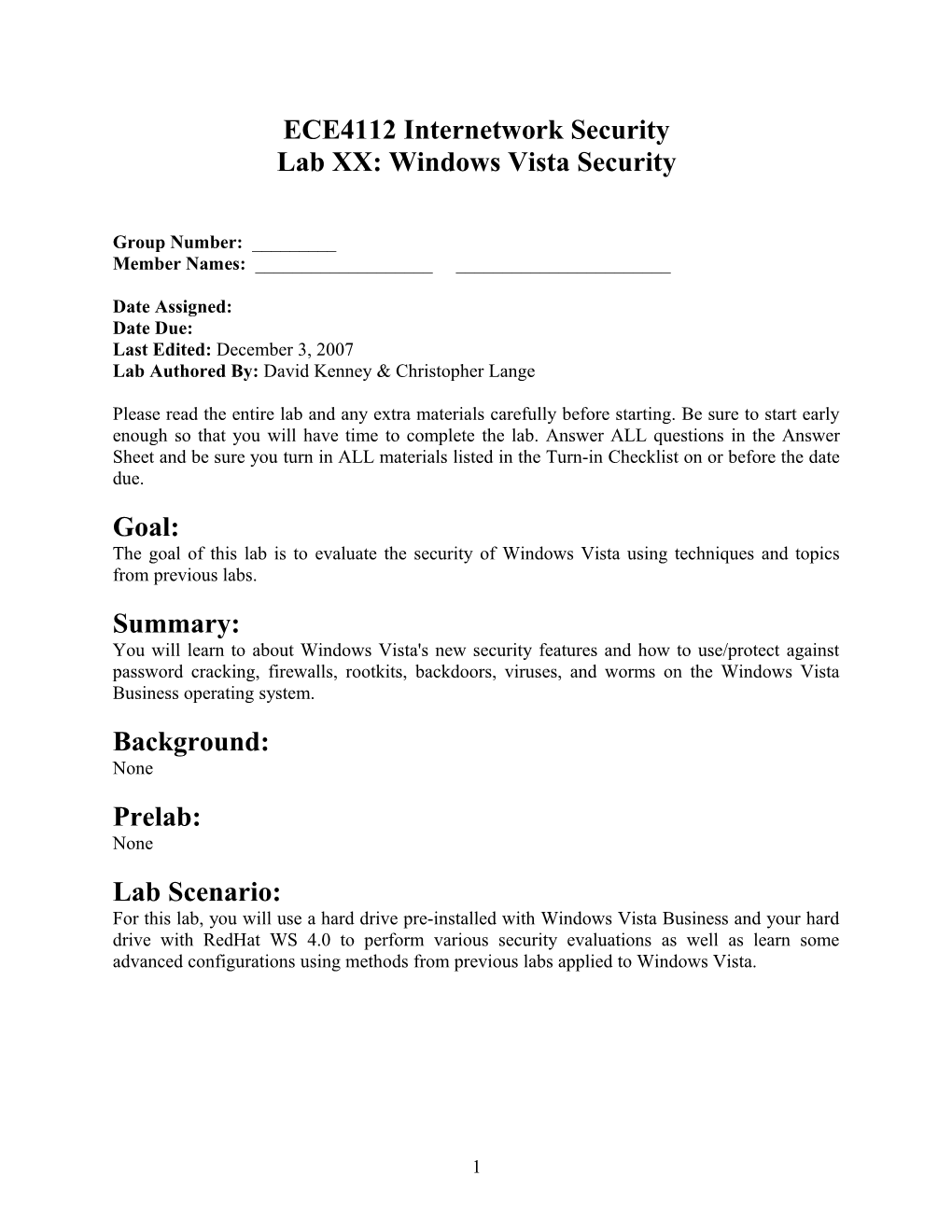 Lab XX: Windows Vista Security