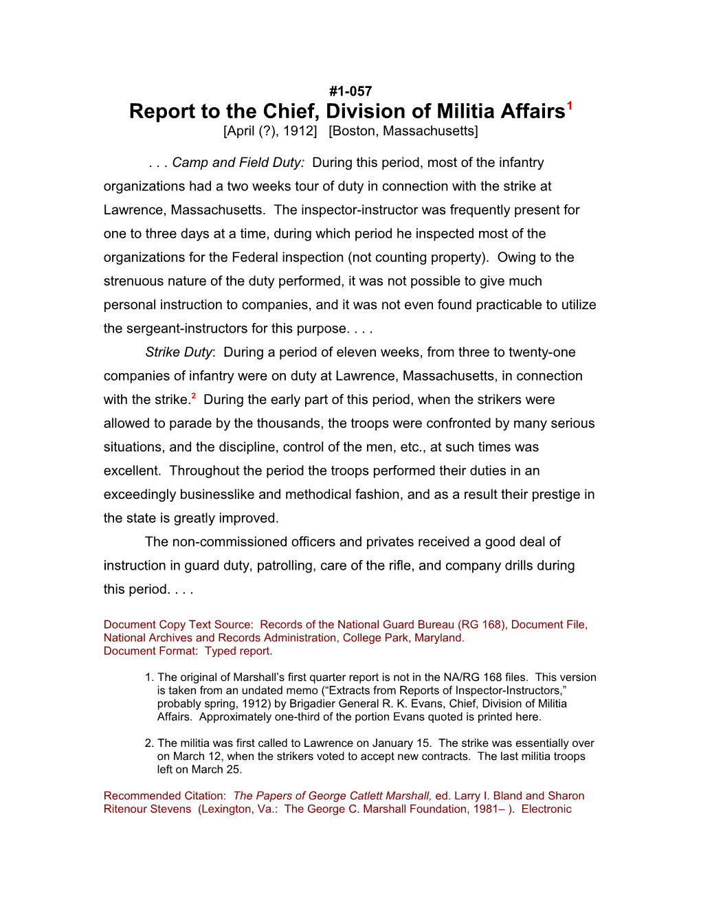 Report to the Chief, Division of Militia Affairs1