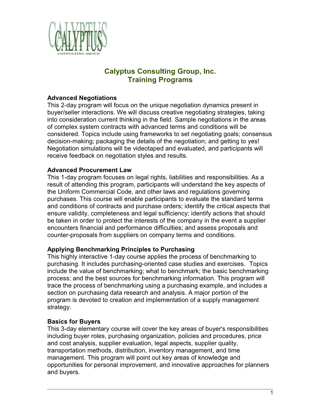 Calyptus Consulting Group, Inc. Training Programs
