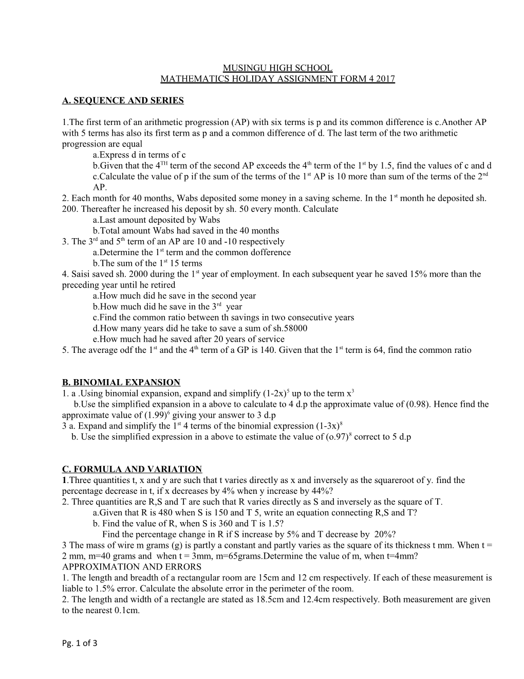 Mathematics Holiday Assignment Form4 2017