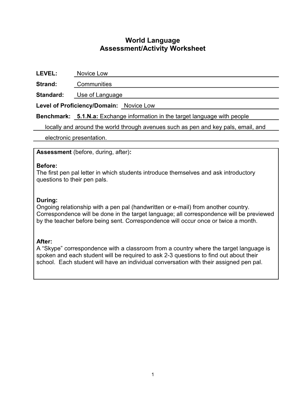 Assessment/Activity Worksheet