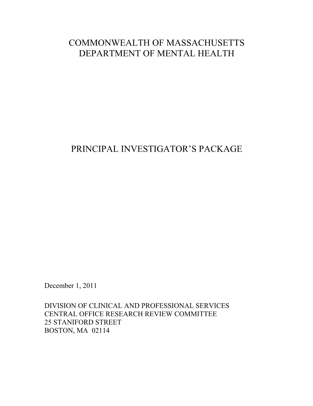 Commonwealth of Massachusetts Department of Mental Health