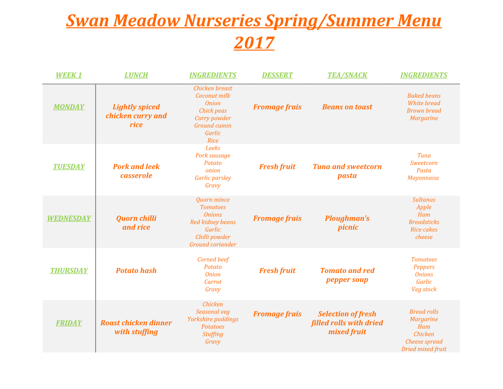 Swan Meadow Nurseries Spring/Summer Menu 2017