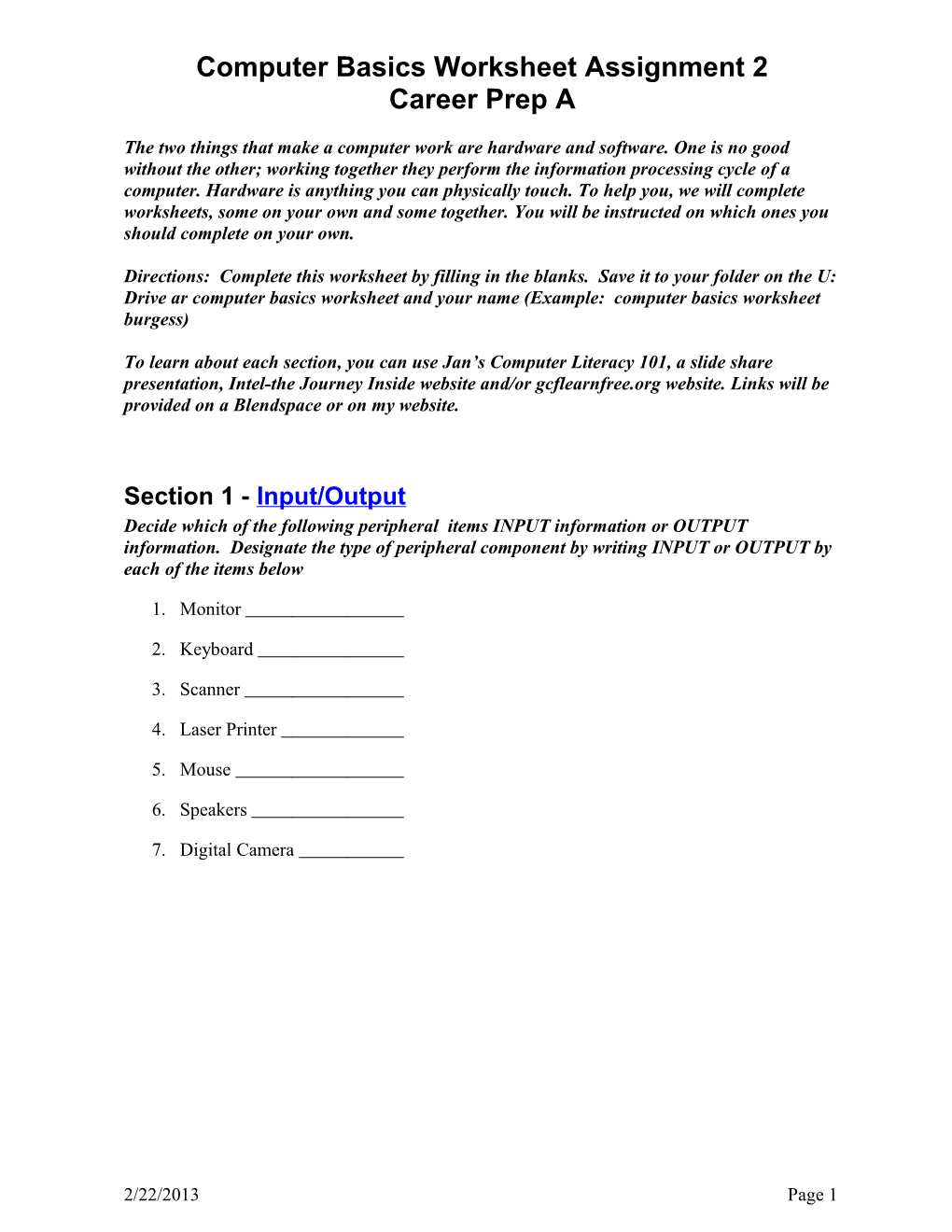 Computer Basics Worksheet Assignment 2