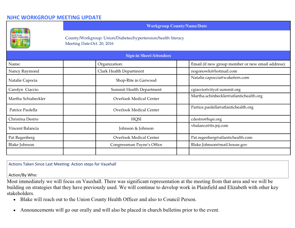 Njhc Workgroup Meeting Update