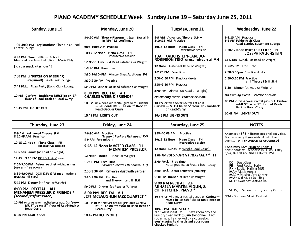 PIANO ACADEMY SCHEDULE Week I June 17-23, 2001