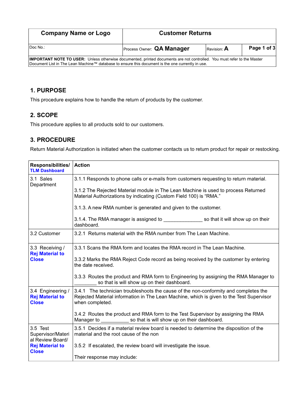 This Procedure Explains How to Handle the Return of Products by the Customer