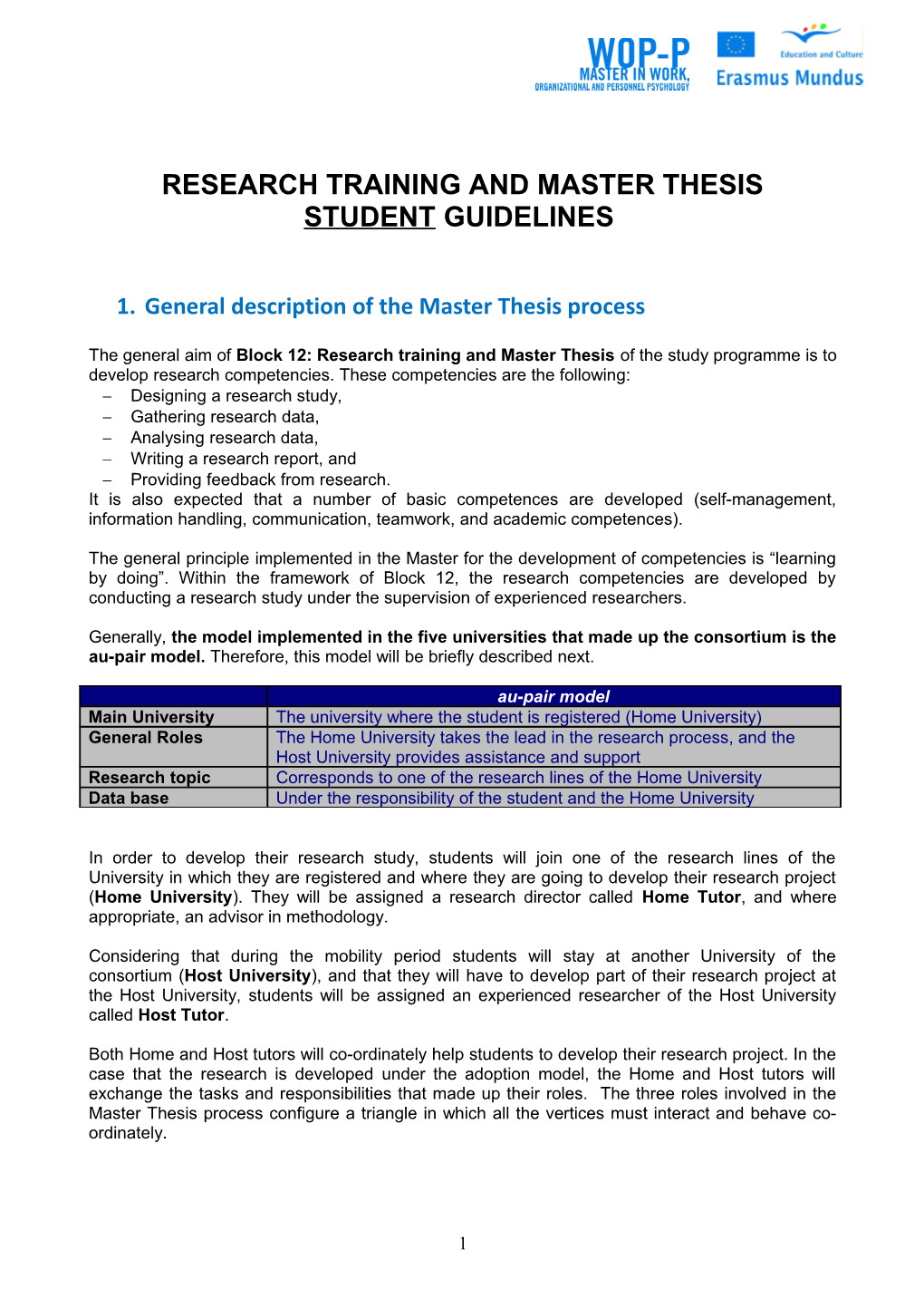 Research Training and Master Thesis