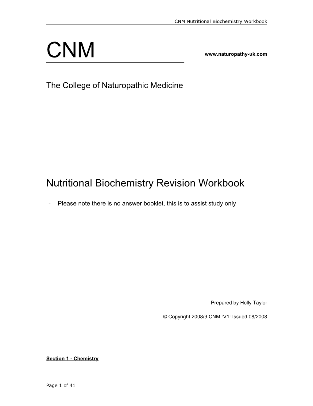 CNM Nutritional Biochemistry Workbook