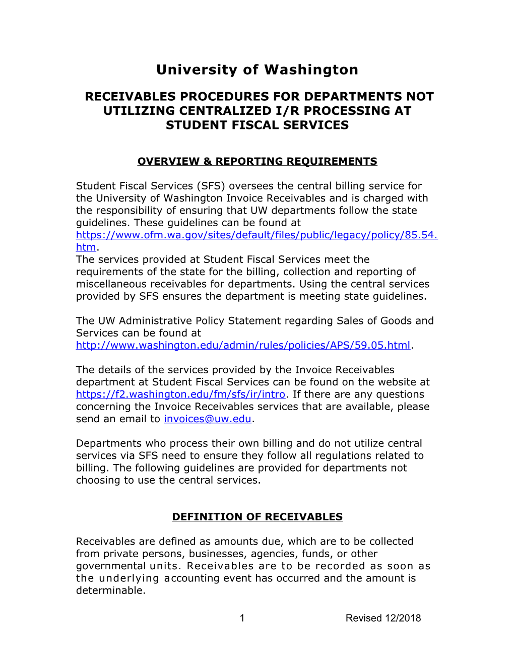 Receivables Procedures for Departments Not Utilizing Centralized I/R Processing at Student
