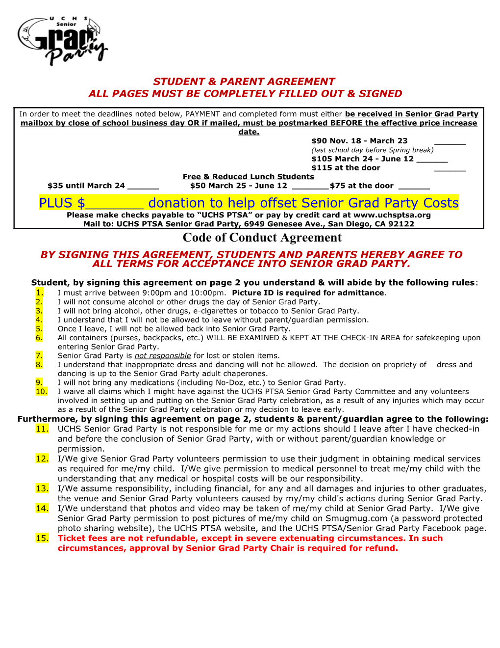 Student & Parent Agreement Form Must Be