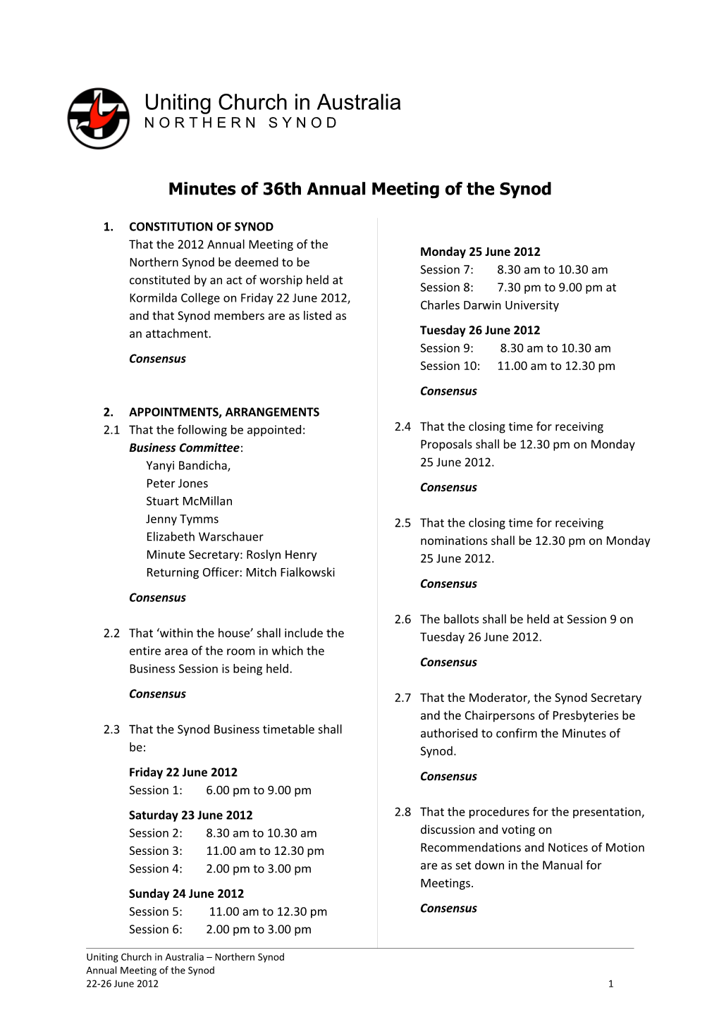 Minutes of 36Th Annual Meeting of the Synod