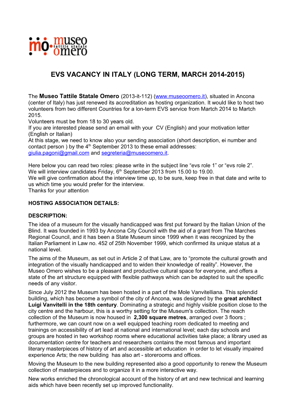 Evs Vacancy in Italy (Long Term, March 2014-2015)