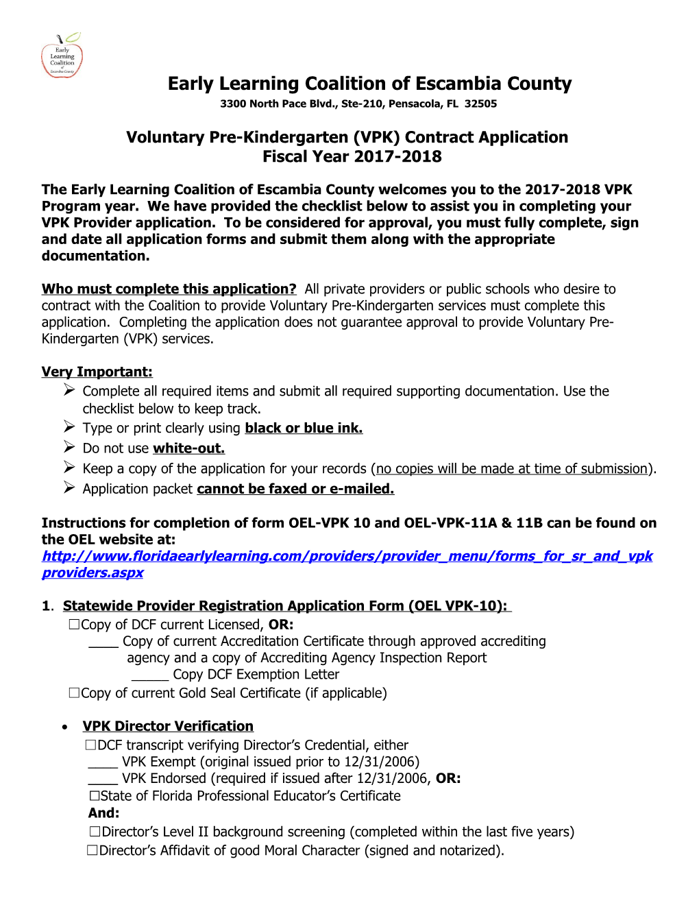 Voluntary Pre-Kindergarten (VPK) Contract Application