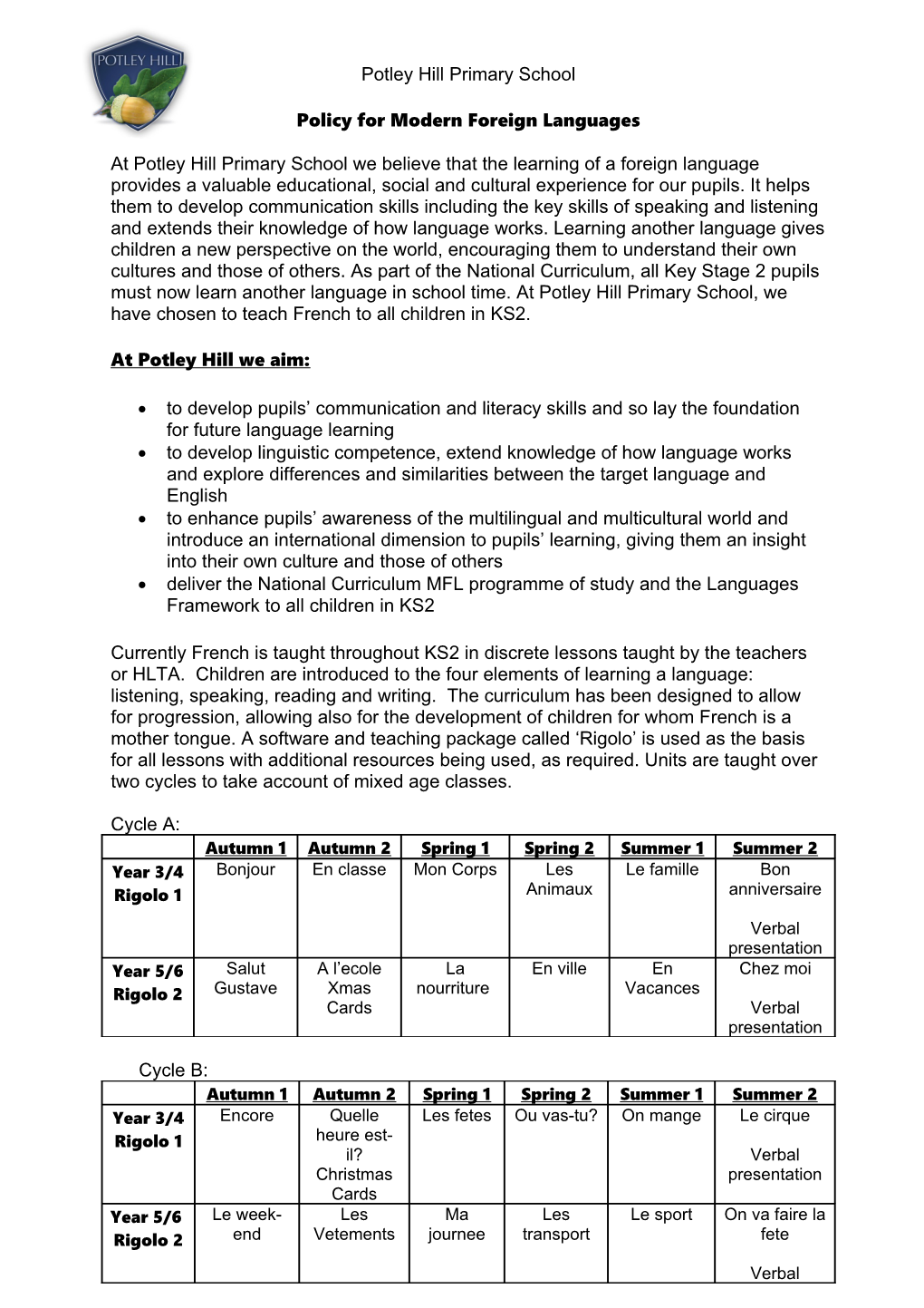 Policy for Modern Foreign Languages