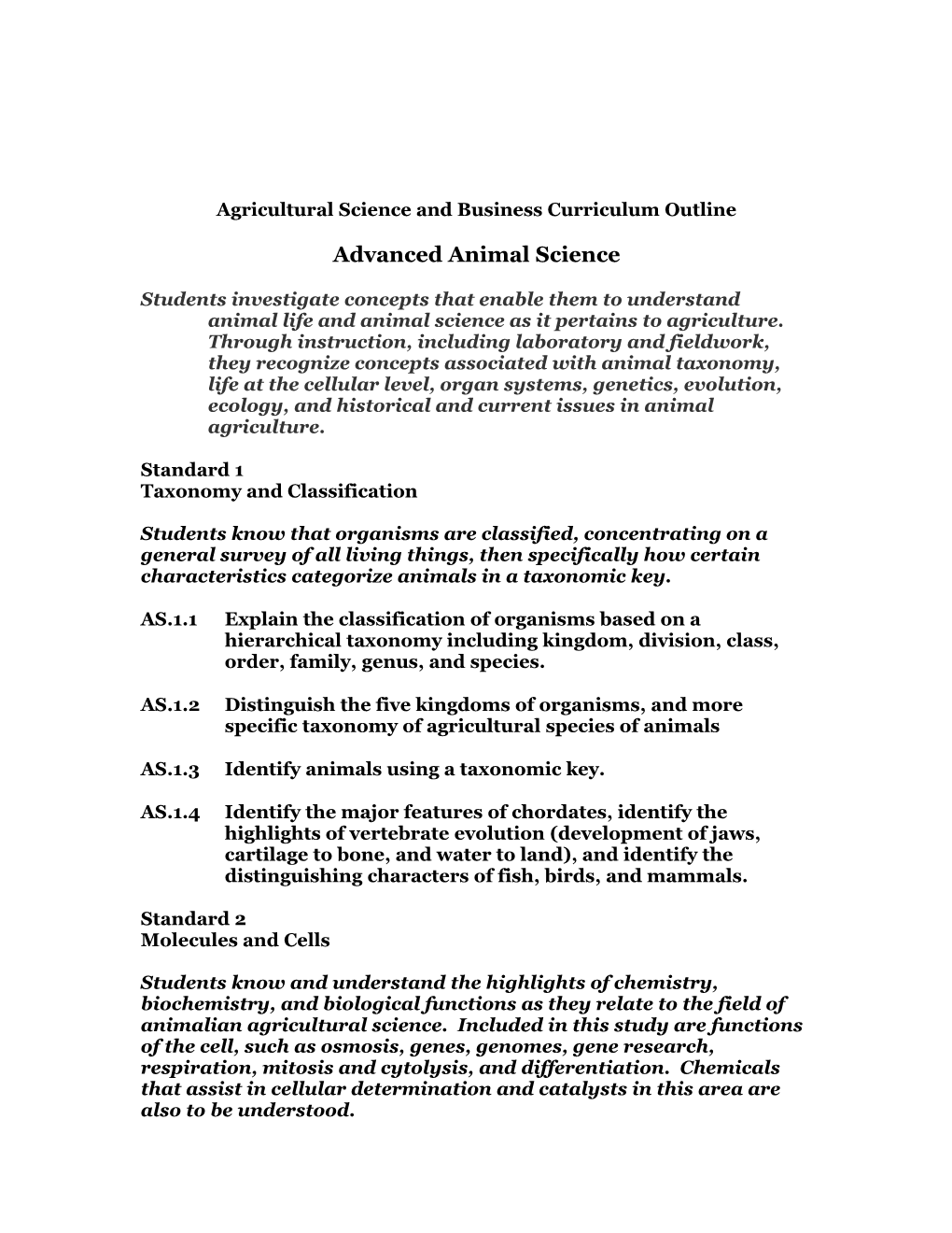 Agricultural Science and Business Curriculum Outline