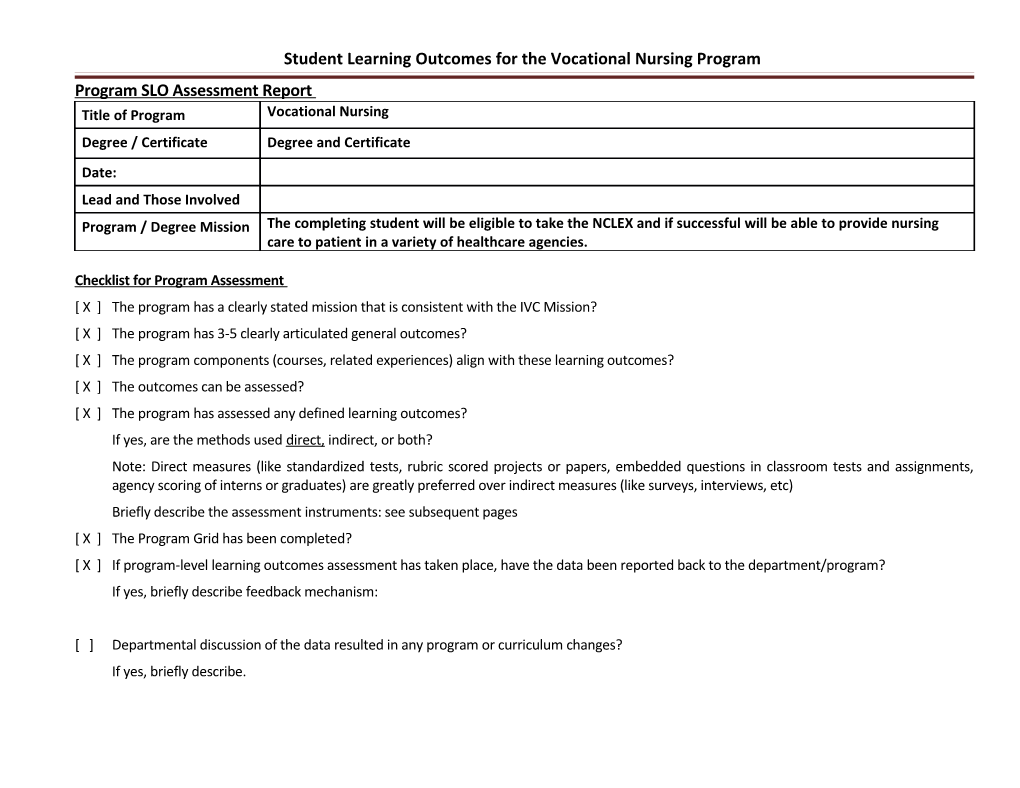 Student Learning Outcomes for the Vocational Nursingprogram