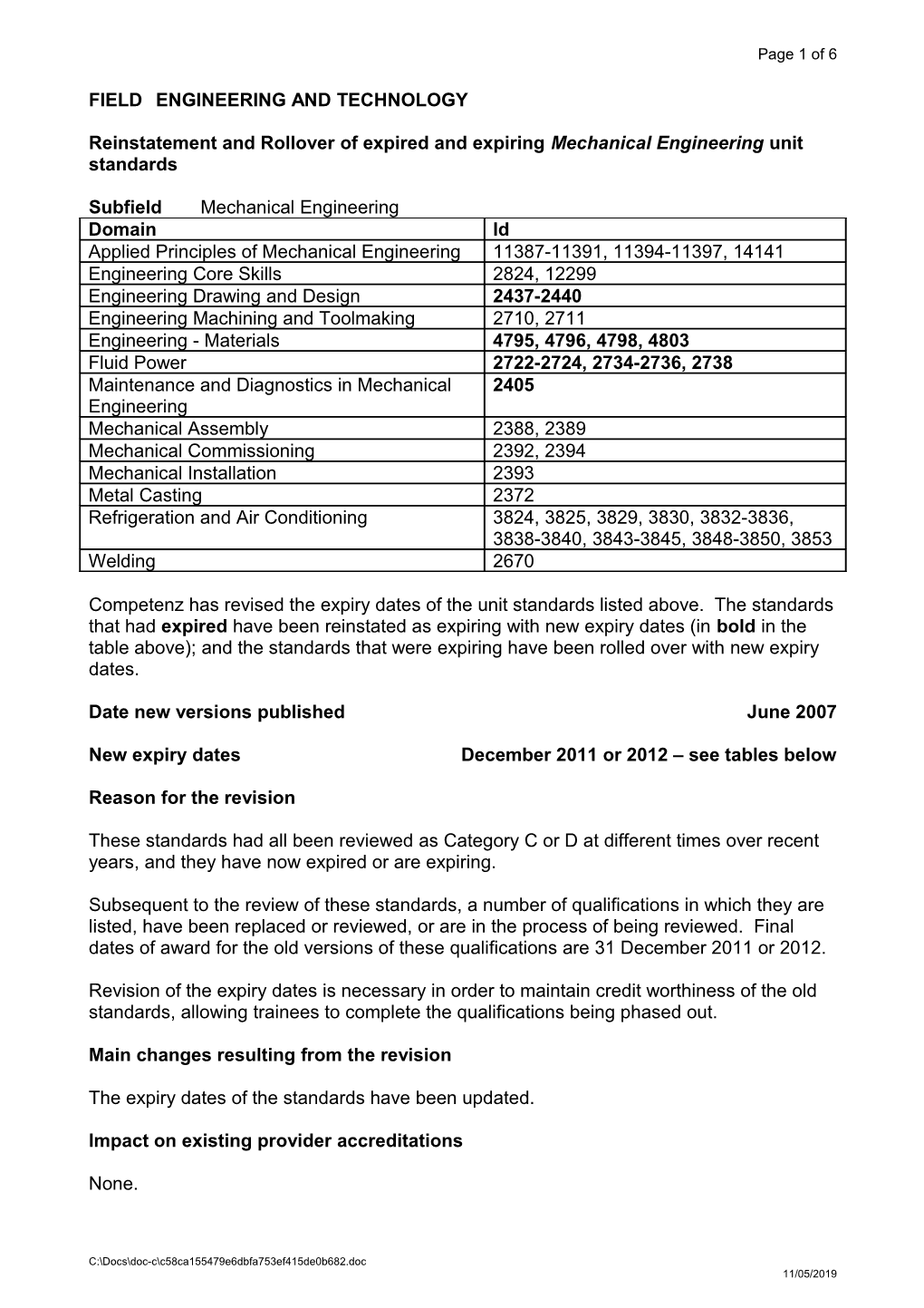 Reinstatement and Rollover of Expired and Expiring Mechanical Engineering Unit Standards