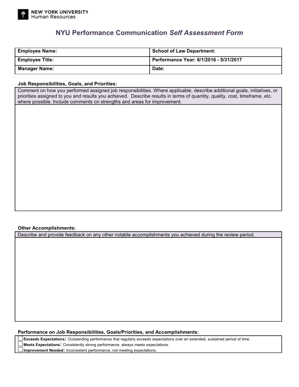 NYU Performance Communicationself Assessment Form