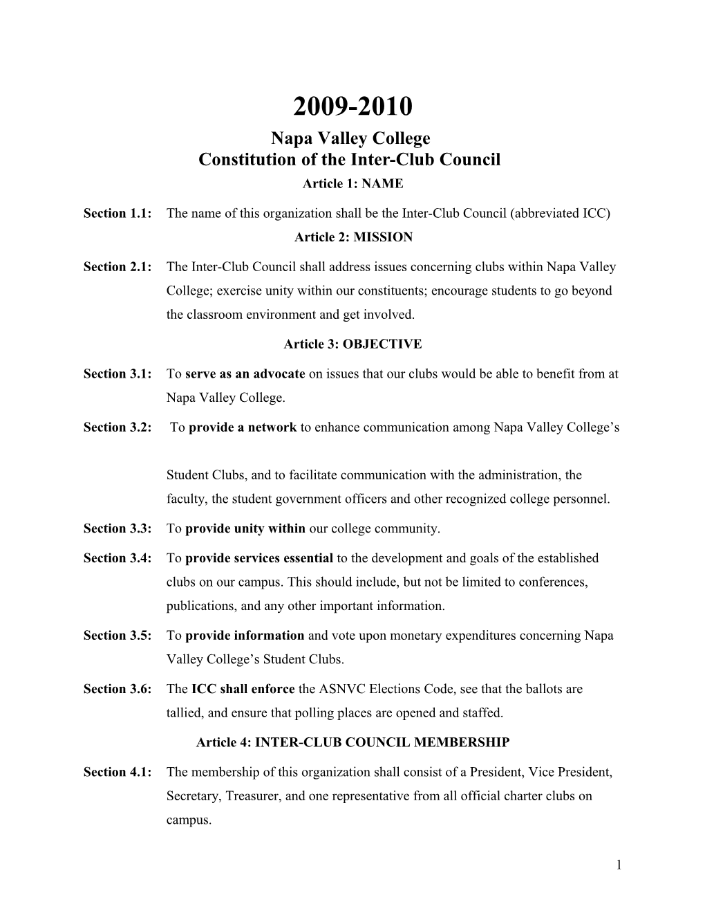 Napavalleycollege Constitution of Theinter-Club Council