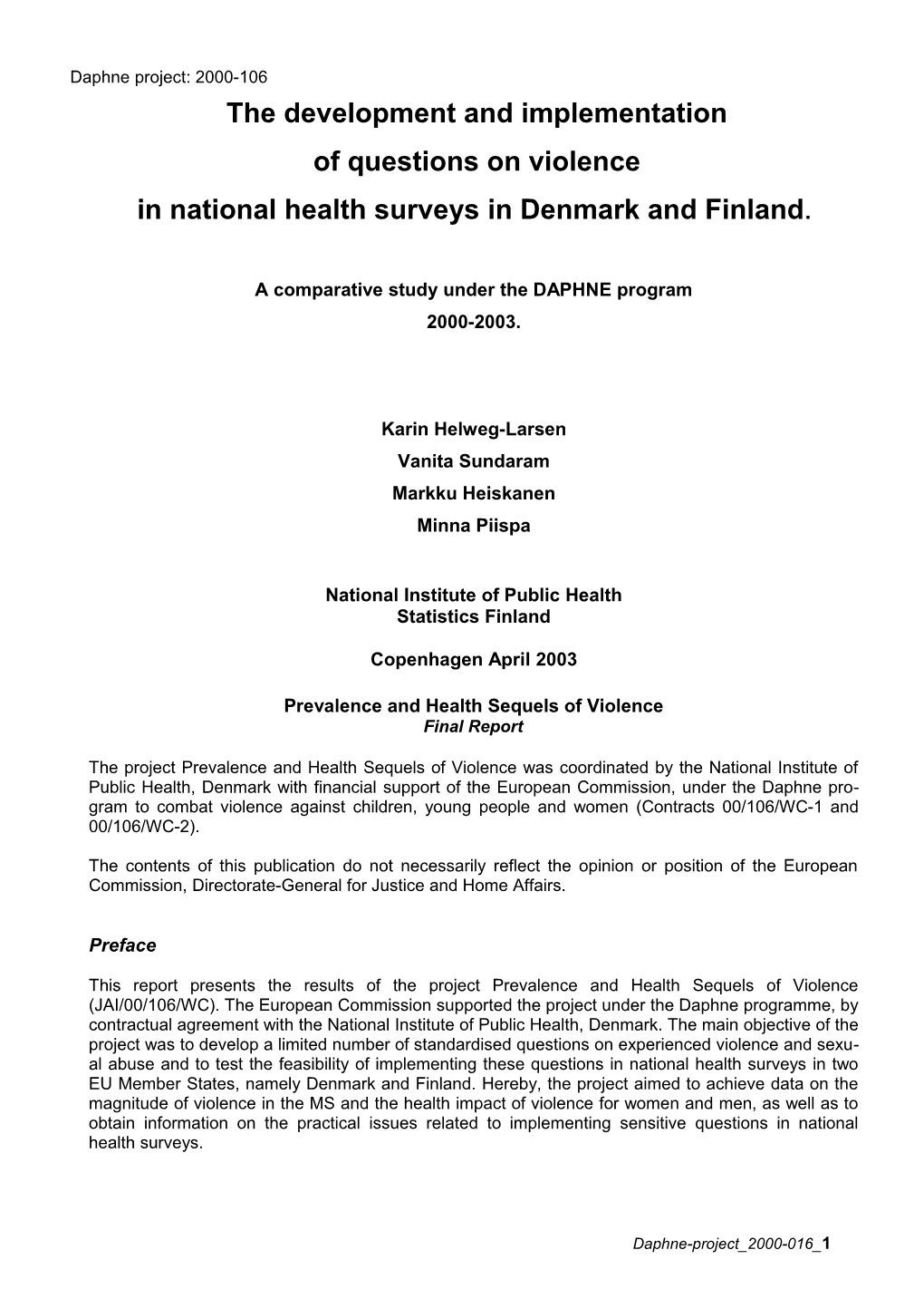 The Development and Implementation of Questions on Violence in National Health Surveys