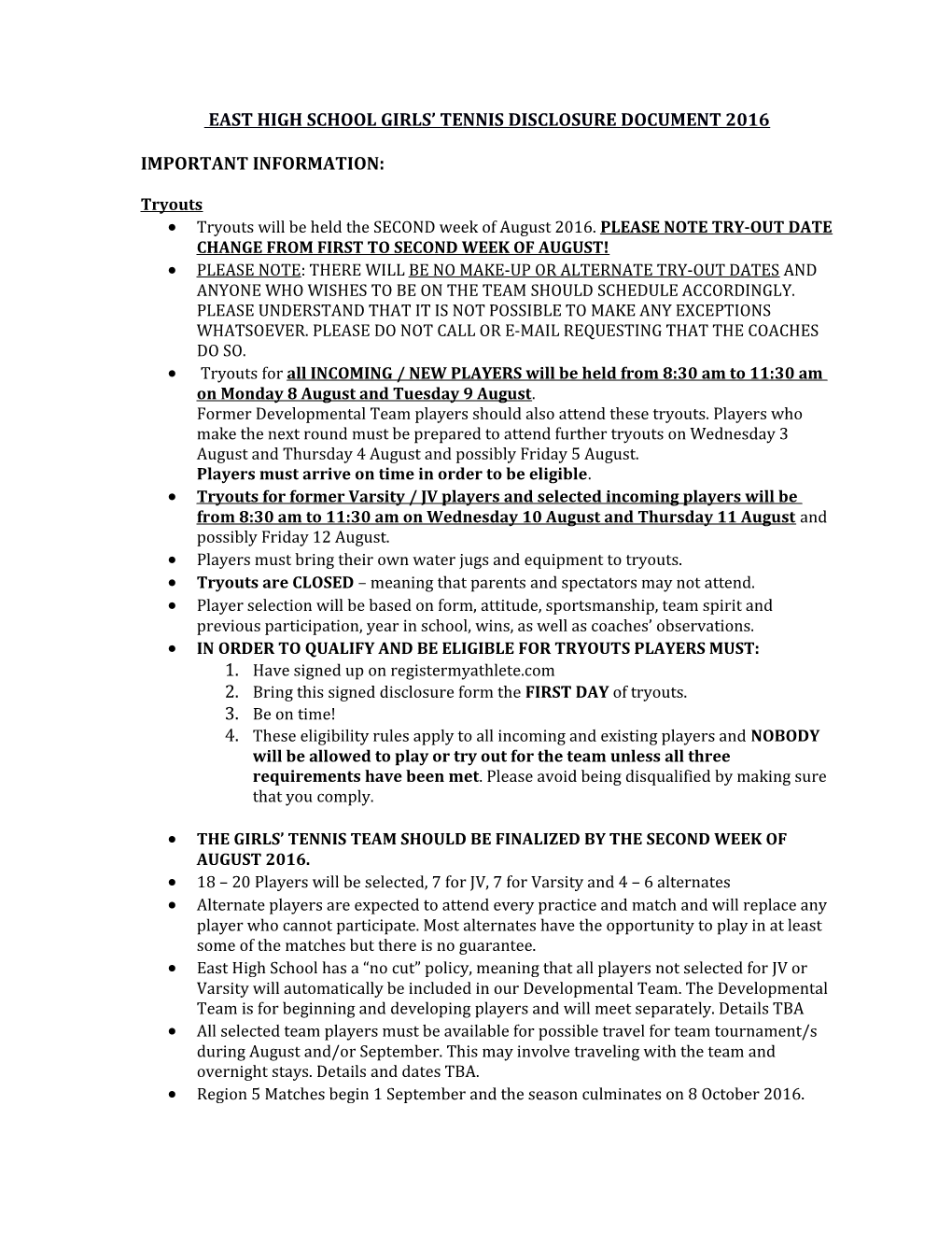 East High School Girls Tennis Disclosure Document 2016