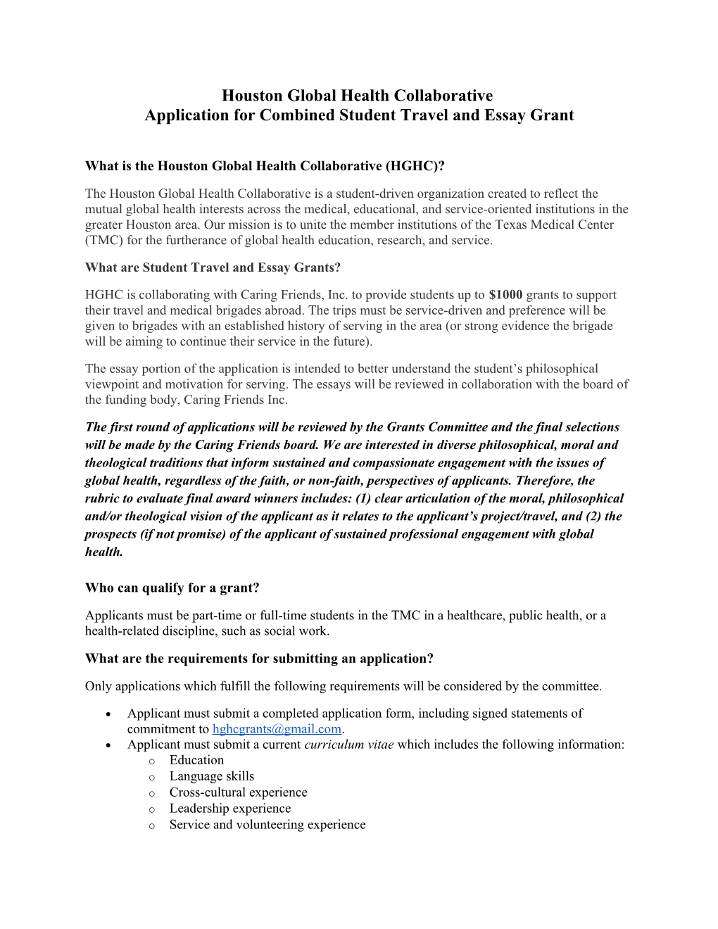 HGHC Student Travel Grant Application