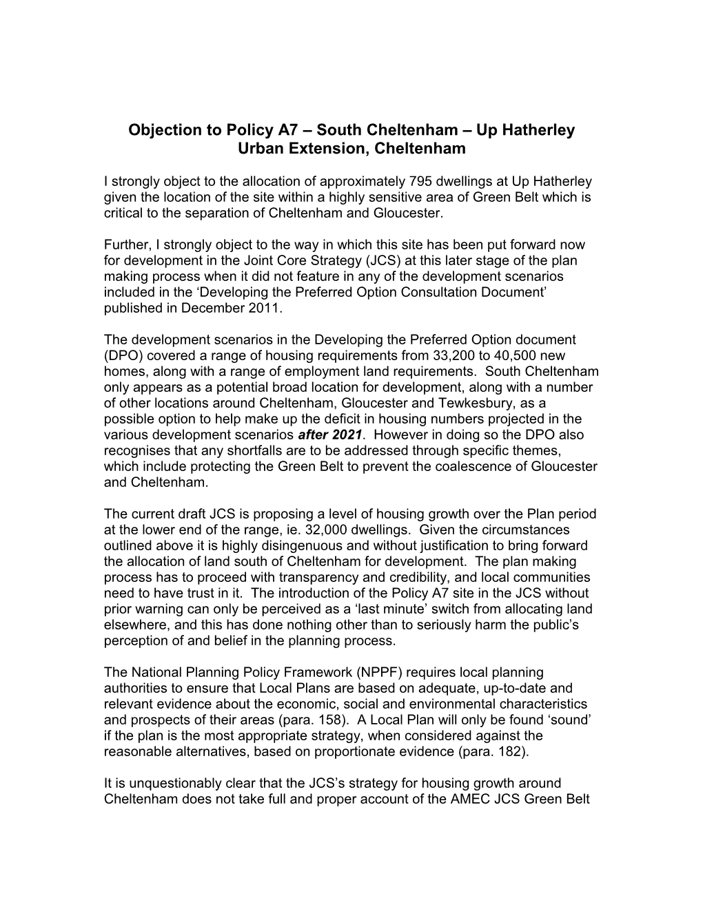 Objection to Policy A7 South Cheltenham up Hatherley Urban Extension, Cheltenham