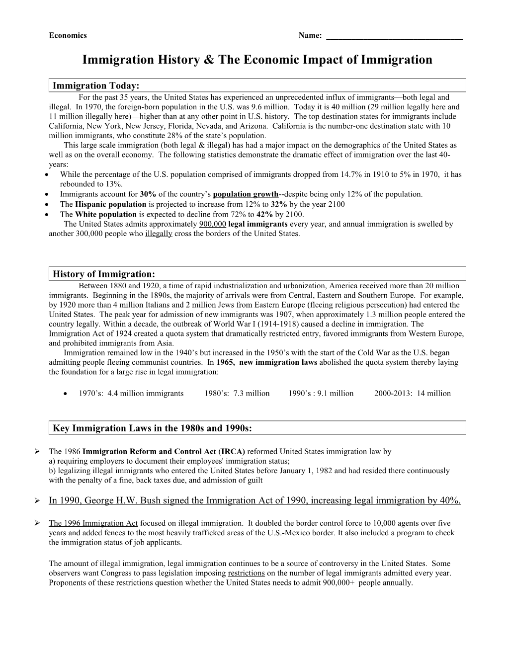 Immigration History & the Economic Impact of Immigration