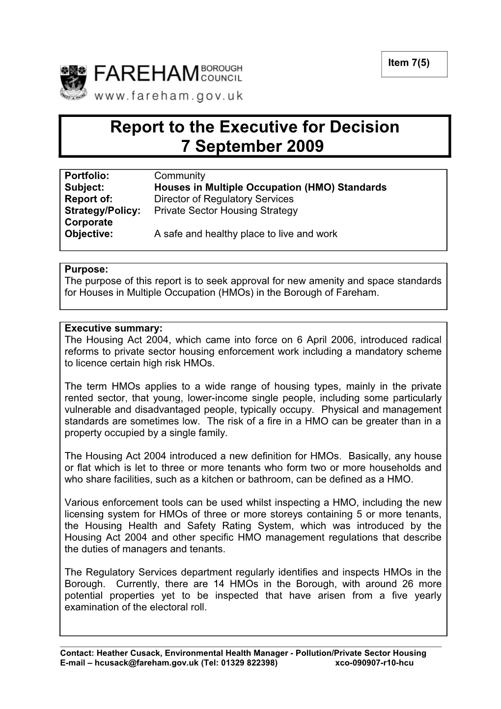 Report to the Executive for Decision - (Environmental Health Manager - Pollution/Private
